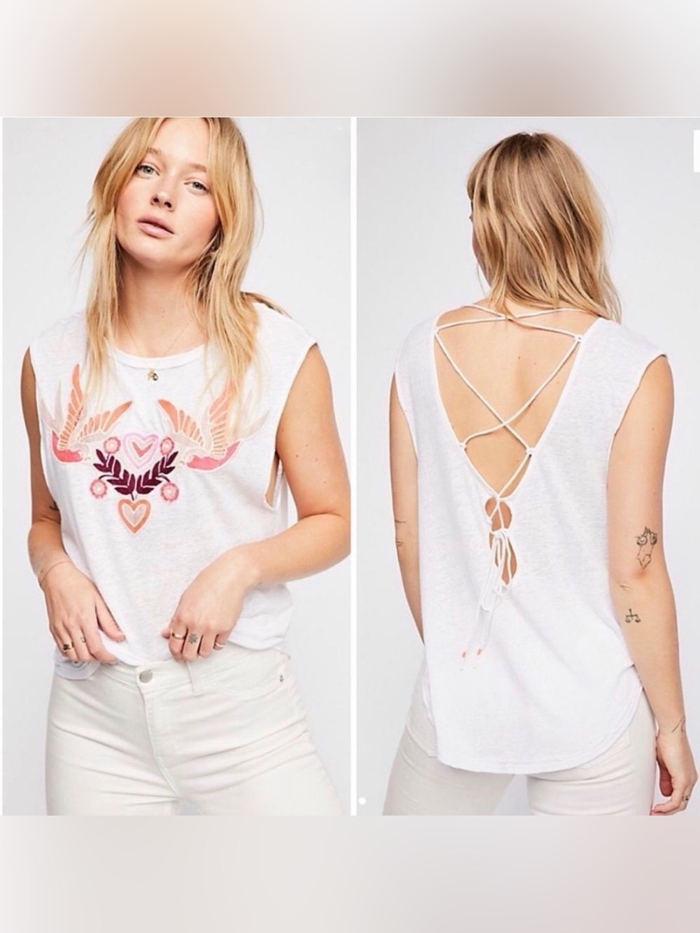 Free People Embroidered Love Birds Tank Top, Criss Cross Back, Size Medium